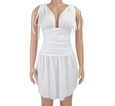 Athena Dress White V-neck Sundress, White Fitted Mini Dress For Dress Down, White Fitted Mini Dress For Casual Wear, White Fitted Knee-length Sundress, Elegant White Knee-length Sundress, White V-neck Sundress For Party, White Mini Length Sundress For Party, Fitted Off-white Dress For Casual Wear, White Mini Sundress For Party