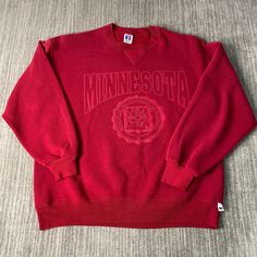 Vintage 90s University Of Minnesota Russell Athletic College School Made in USA Streetwear Red Graphic Crewneck Extra Large Mens Condition:  Fair Used Condition  = Staining On The Sleeve Due To Age And Wear  Measurements: Please see photos above for all measurements IF YOU BUY TWO OR MORE ITEMS USE THE CODE BUNDLE @ CHECK TO SAVE 20% WE SHIP WITHIN 24 HOURS AFTER PURCHASE! Please be aware that we do not offer free returns!! The Buyer is responsible for the cost of the return label. Follow us on 90s Style Red Sweatshirt With Letter Print, 90s Style Red Letter Print Sweatshirt, University Red Collegiate Sweatshirt For Streetwear, Retro Red Sweatshirt For Streetwear, Red College Fan Apparel T-shirt, 90s Red Letter Print Sweatshirt, Winter Vintage College T-shirt, Vintage Red T-shirt For College, Vintage Red Sweatshirt For Streetwear