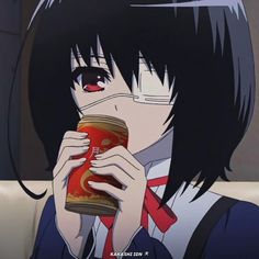 an anime character holding a cup and looking at the camera