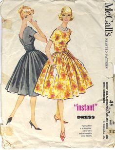 an old fashion sewing pattern with two women in dresses, one wearing heels and the other wearing