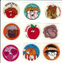 six stickers with different types of cartoon characters on them, all in various colors