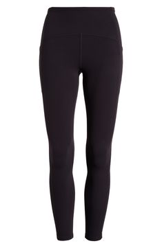 Sculpted flatlock seams define athletic leggings with a supportive mesh layer inside the front waistband and a handy pocket to stash your phone. Made from a stretch-nylon fabric, these high-performance leggings have a silky, buttery feel balanced by lasting durability. 24" inseam; 8 1/2" leg opening; 11" front rise; 13" back rise (size Medium) Pull-on style Drop-in pocket Moisture-wicking fabric engineered for dryness and comfort 74% nylon, 26% spandex Machine wash, tumble dry Imported Functional Compressive Activewear With Hip Pockets, Athleisure Activewear With 4-way Stretch And Hip Pockets, Sporty Activewear With Functional Pockets For Pilates, Functional Pockets Yoga Pants For Gym, Athleisure Activewear With Mesh Pockets, Athleisure Activewear With Functional Pockets For Pilates, Black Stretch Activewear With Functional Pockets, Athleisure Activewear With Hip Pockets For Running, Athleisure Yoga Pants With Pockets For Running