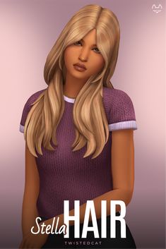 a woman with long blonde hair is shown in an animated avatar style, wearing a purple shirt and black pants