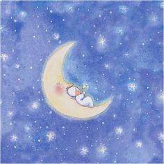 a painting of a cat sleeping on the moon with stars in the sky behind it