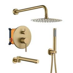 the shower faucet and hand shower head are shown in gold with an orange accent