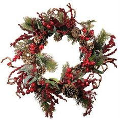 a christmas wreath with pine cones and berries