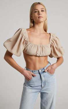 Dhalia Top - Ruched Puff Sleeve Crop Top in Sand | Showpo USA Ruched Puff Sleeve Top For Day Out, Summer Short Sleeve Crop Top With Smocked Bodice, Trendy Short Sleeve Crop Top With Smocked Bodice, Summer Ruched Square Neck Crop Top, Casual Crop Top With Gathered Sleeves, Trendy Crop Top With Smocked Bodice And Puff Sleeves, Summer Tops With Gathered Sleeves And Square Neck, Summer Fitted Crop Top With Gathered Sleeves, Summer Smocked Bodice Crop Top With Puff Sleeves