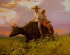 a painting of two people riding on the back of a cow in a grassy field