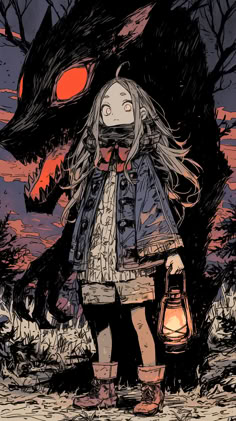 a drawing of a girl holding a lantern in front of a tree with an orange light on it