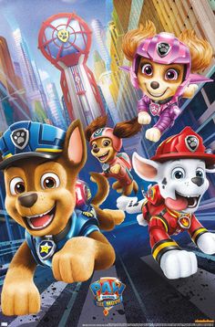 the paw patrol movie poster with puppies and fire fighters in front of skyscrapers