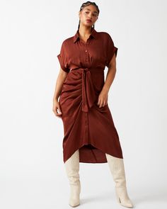 Trendy Work Outfit, Satin Texture, Steve Madden Store, Rolled Collar, Tie Front Dress, Apparel Merchandising, Feminine Dress, Midi Shirt Dress, Feminine Outfit