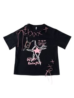 Embrace the perfect blend of edgy and cute with our Black and Pink Lace-up Detail Graphic T-shirt. This unique piece features a striking graphic design that captures attention, while the lace-up details add a touch of feminine flair. Garment Size SizeS-MM-LFull Length6570Bust112116Shoulders5354Sleeve Length2222.5 Edgy Summer Tops With Graphic Design, Emo Short Sleeve Tops For Summer, Edgy Graphic Tops For Summer, Edgy Graphic Design Tops For Summer, Emo Style Short Sleeve Summer Tops, Emo Style Short Sleeve Tops For Summer, Summer Emo Style Short Sleeve Tops, Trendy Summer T-shirt For Alternative Fashion, Letter Print T-shirt For Alternative Fashion In Spring