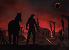 a man standing next to a horse in front of a red sky with an eclipse