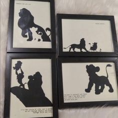 four framed silhouettes of the lion king