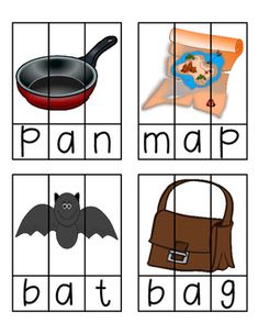 four pictures with different objects in them to spell the word's and describe what they are