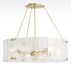 a chandelier with clear glass and gold accents