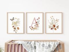 three framed pictures hang on the wall above a crib with a baby's blanket