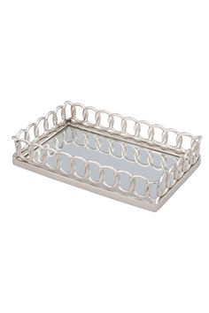 a silver tray with links on the bottom and glass in the middle, sitting on a white surface