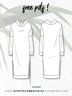 the front and back view of a dress with long sleeves, in black ink on a white background