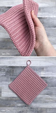 the crocheted dishcloth is being held up by a person's hand