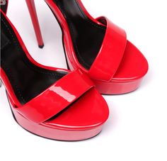 null Modern Red Open Heel Sandals, Red Patent Leather Modern Sandals, Modern Red Patent Leather Sandals, Red Patent Leather Sandals With Modern Style, Red Patent Leather Platform Sandals, Designer Red Platform Sandals, Dresses Long Black, Red Platform Sandals, Shiny Heels