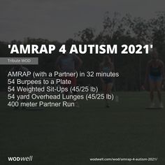 AMRAP (with a Partner) in 32 minutes; 54 Burpees to a Plate; 54 Weighted Sit-Ups (45/25 lb); 54 yard Overhead Lunges (45/25 lb); 400 meter Partner Run Fox Mulder, Sit Ups, Popular Workouts, Burpees, Weight Lifting, Cardio, Ups, Fox, Yard