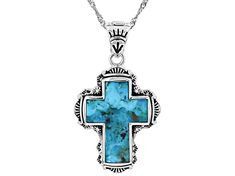 Southwest Style by JTV™ Blue Turquoise Sterling Silver Cross Enhancer Pendant With 18"L Chain plus 2" Extender. Pendant Measures Approximately 1.59"L x 0.91"W. Bail Measures Approximately 3.9mm. This product contains composite turquoise. This means separate pieces of turquoise were bound together. Oxidized. Southwestern Style Silver Cross Pendant Necklace, Southwestern Style Blue Cross Jewelry, Handmade Southwestern Cross Pendant Jewelry, Spiritual Blue Cross Pendant Necklace, Southwestern Blue Cross Jewelry, Bohemian Turquoise Cross Pendant Jewelry, Blue Nickel-free Southwestern Turquoise Necklace, Southwestern Style Blue Turquoise Nickel-free Necklace, Filigree Necklaces