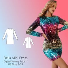 a woman in a dress with sequins on it and the words, delia mini dress digital sewing pattern us sizes 2 - 24