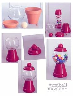 there are many different pictures of gumball machines in this photo, but one is red and the other is pink