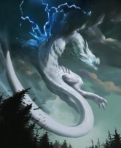 a large white dragon flying through the air next to some trees and lightnings in the sky