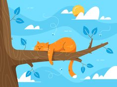 an orange cat sitting on top of a tree branch