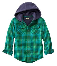 Our hooded shirt combines the best of both worlds: warm, breathable fleece and soft, yet rugged, flannel. Relaxed. 100% Portuguese cotton flannel. Lined with 100% polyester fleece. Machine wash and dry. Premium Portuguese flannel shell gets softer with every wash. Ideal for layering or as a light jacket. Two chest pockets and two side pockets hold essentials. Fleece hood for extra warmth when he needs it. Imported. Plaid Long Sleeve Hoodie For Outdoor, Green Long Sleeve Flannel Shirt For Winter, Green Long Sleeve Winter Flannel Shirt, Hooded Plaid Flannel Shirt, Casual Winter Flannel Shirt For Outdoor Activities, Fleece Lined Flannel Shirt, Lined Flannel Shirt, Hooded Flannel, Kids Fleece