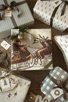 presents wrapped in wrapping paper and tied with ribbons