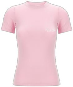 Fitted Crew Neck Top With Embroidered Logo, Pink Fitted Crew Neck Short Sleeve Top, Basic Short Sleeve Top With Embroidered Logo, Pink Fitted Short Sleeve Crew Neck Top, Fitted Pink Short Sleeve Crew Neck Top, Fitted Casual Tops With Embroidered Logo, Pink Crew Neck Top With Embroidered Logo, Basic Crew Neck Tops With Embroidered Logo, Casual Fitted T-shirt With Embroidered Logo