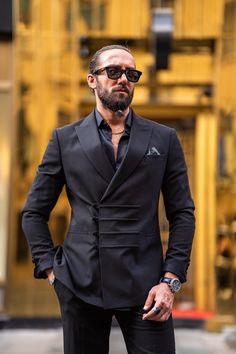 Ardean Black Slim Fit Peak Lapel Double Breasted Suit Black Linen Suit, Linen Suits For Men, Costume Noir, Dapper Style, Looking Dapper, Peak Lapel, Linen Suit, Tuxedo Jacket, Men's Suit