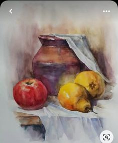 a painting of apples, pears and a jar on a table cloth next to a piece of wood