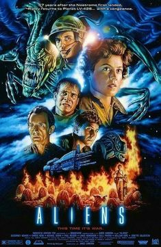 the movie poster for aliens starring actors from left to right, and an alien ship