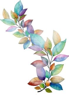 a watercolor painting of leaves on a branch with green, orange and blue colors