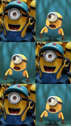 four different pictures of a minion wearing overalls and a hat with eyes wide open