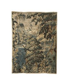 a tapestry with trees and buildings in the background