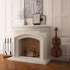 a white fireplace with musical instruments on it