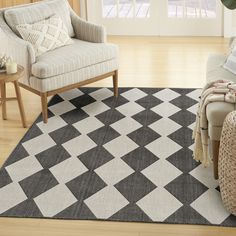 a black and white rug in a living room