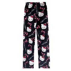 the hello kitty pajama pants are black with pink bows and hearts on them