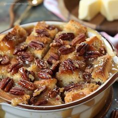 pecan bread pudding in a bowl on a table