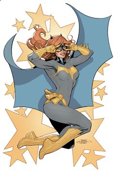 an image of a woman dressed as batgirl flying through the air with her hands on her head