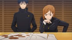 two anime characters sitting at a table