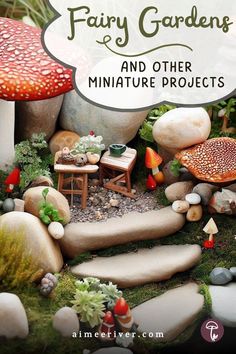 Fairy garden made with natural materials including rocks, stones, wood, plants and mushrooms Making A Fairy Garden, Fantasy Crafts, Miniature Bookshelf, Making Miniatures, Fantasy Craft, Fairy Garden Kit, Fairy Garden Plants, Fairy Garden Furniture, Hangout Spot