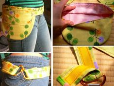 four different pictures showing how to sew a purse with zippers and buttons on it