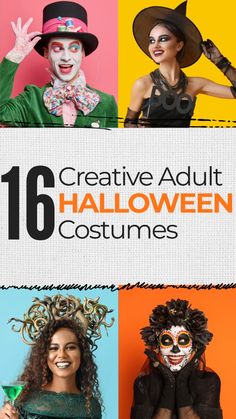 halloween costumes for adults and children with the title 16 creative adult halloween costumes on them