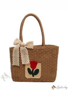 Bird in Bag - Womens Floral Pattern Straw Beach Tote with Decorative Accents for Outdoor Use Casual Straw Bag For Picnic, Casual Beige Beach Bag For Picnic, Casual Beach Bag For Picnic, Cute Summer Vacation Beach Bag, Straw Beach Tote, Decorative Accents, Beach Tote, Shoulder Tote Bag, Bird In Bag